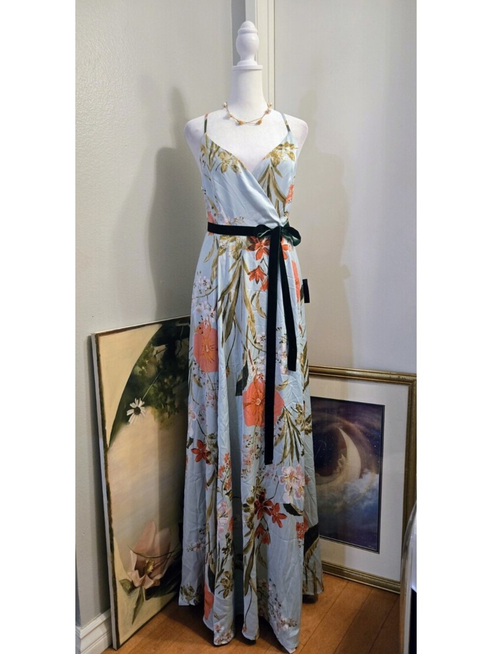 Lulus Sage Green Floral Long Maxi Dress Womens Tropical Wedding Guest Size M